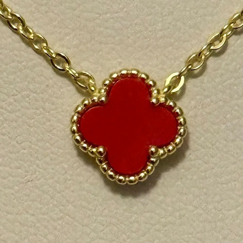 Gold Vermeil Red Carnelian Clover Adjustable Necklace Elegant Four Leaf Dainty
